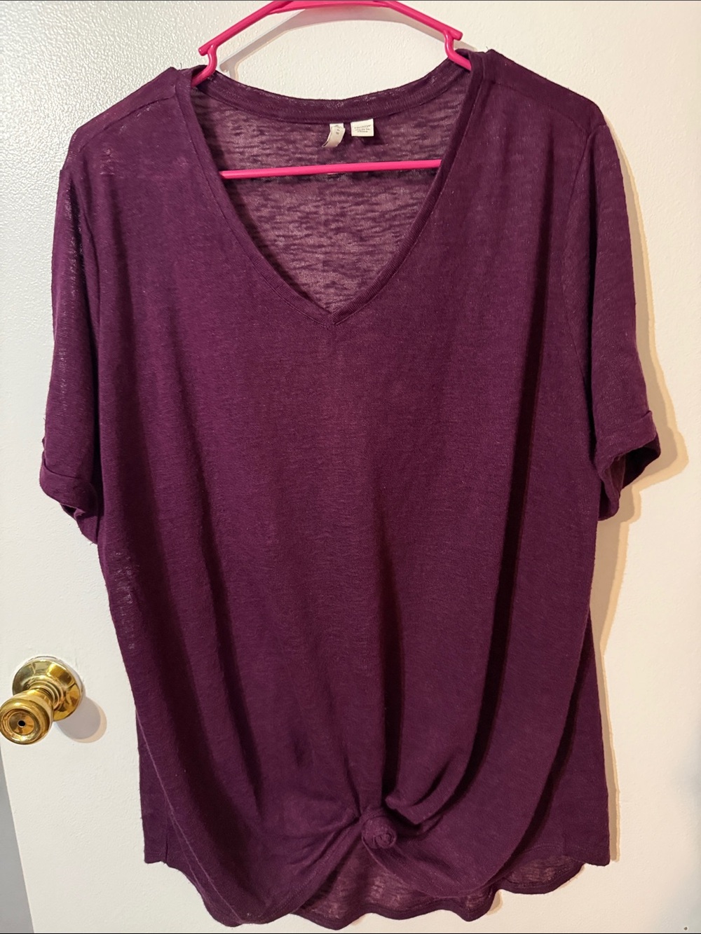 V-Neck Short Sleeve Tie-Front Top - Plum